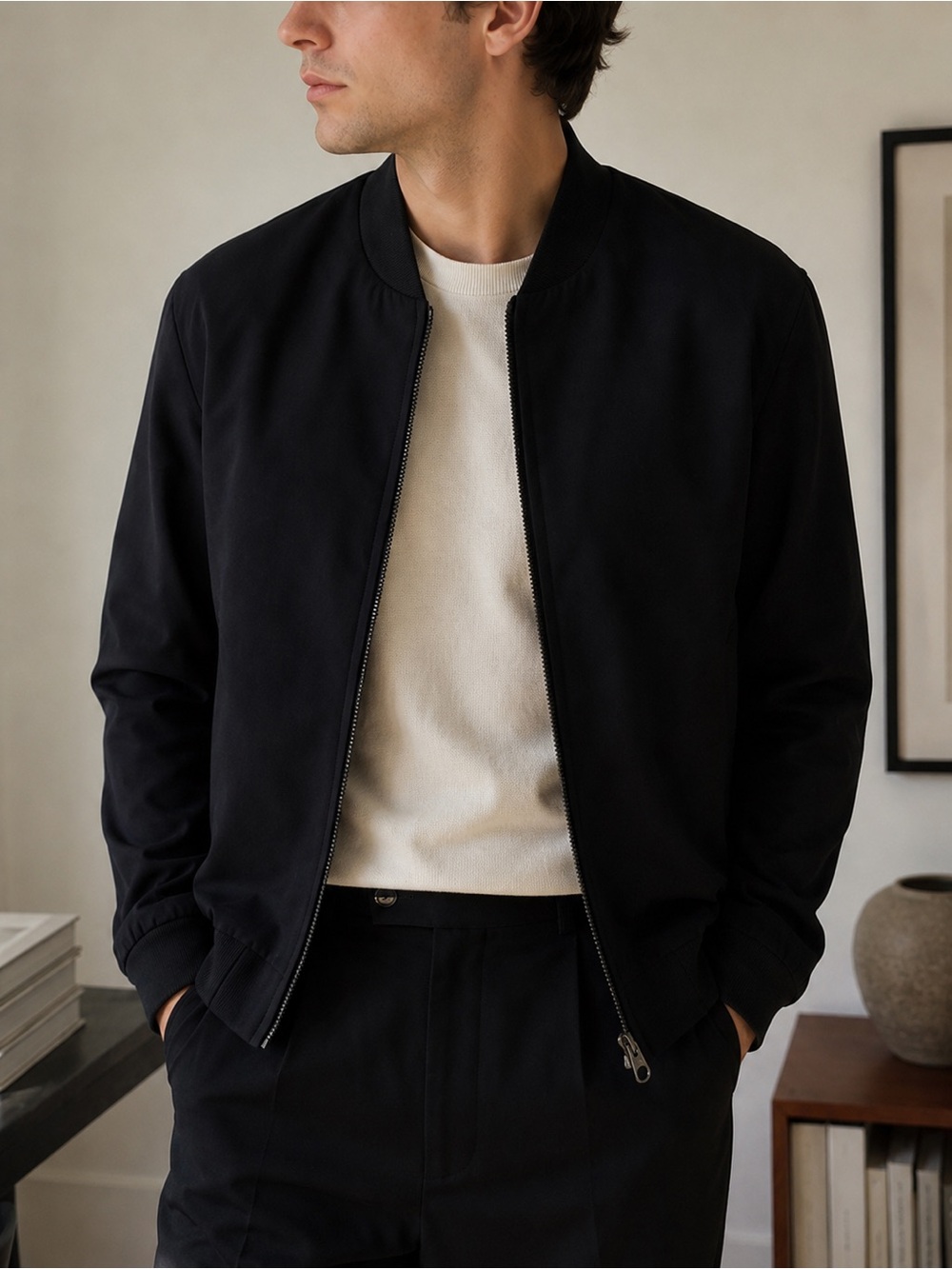 Frank & Oak Wool Blend Bomber Jacket Dark Navy Minimalist Size 36 Men Medium